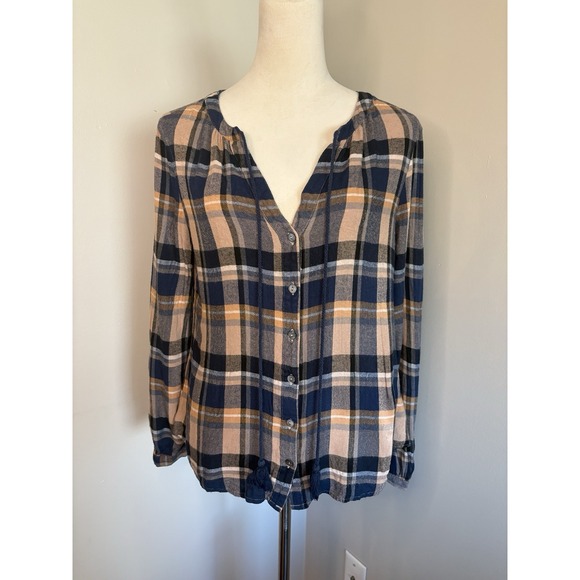 Liverpool Tops - Liverpool Plaid Button Up Peasant Blouse Top Navy Blue Tan Tassel Tie S Small